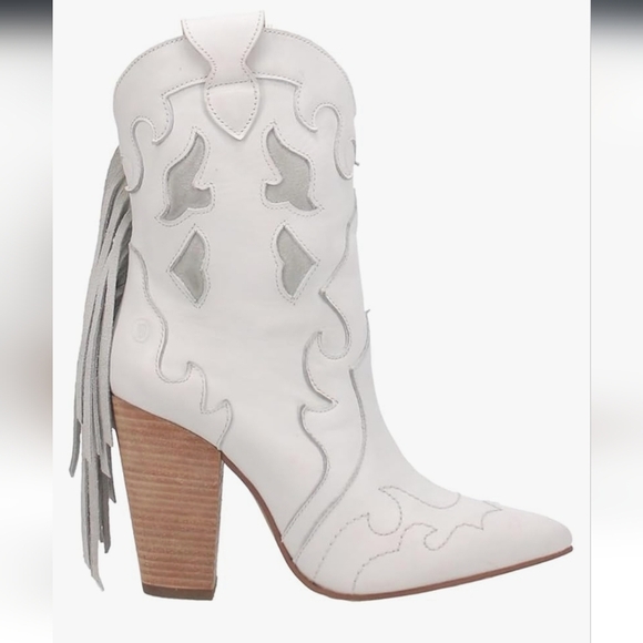 Dingo Shoes - White Leather Western Ankle Boots with Fringe